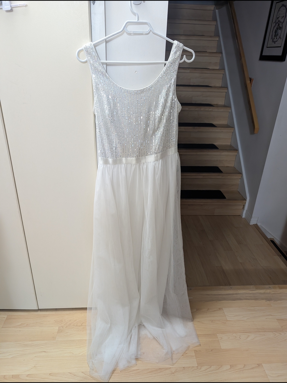 Evening Sequin Bodice White Tulle Maxi Dress